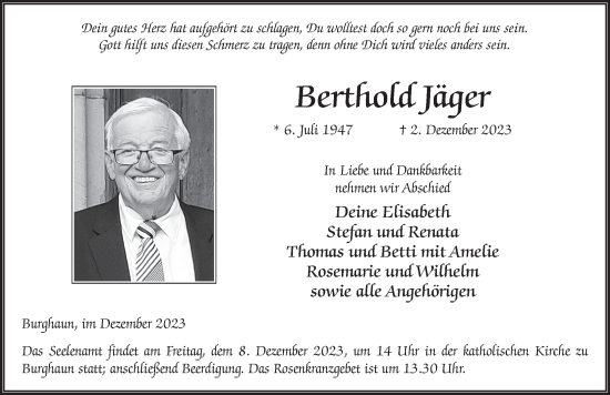 Traueranzeige von Berthold Jäger von FZ
