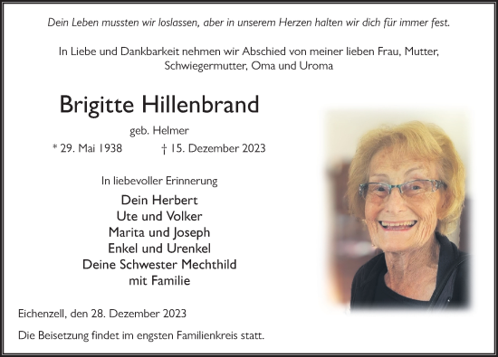 Traueranzeige von Brigitte Hillenbrand von FZ