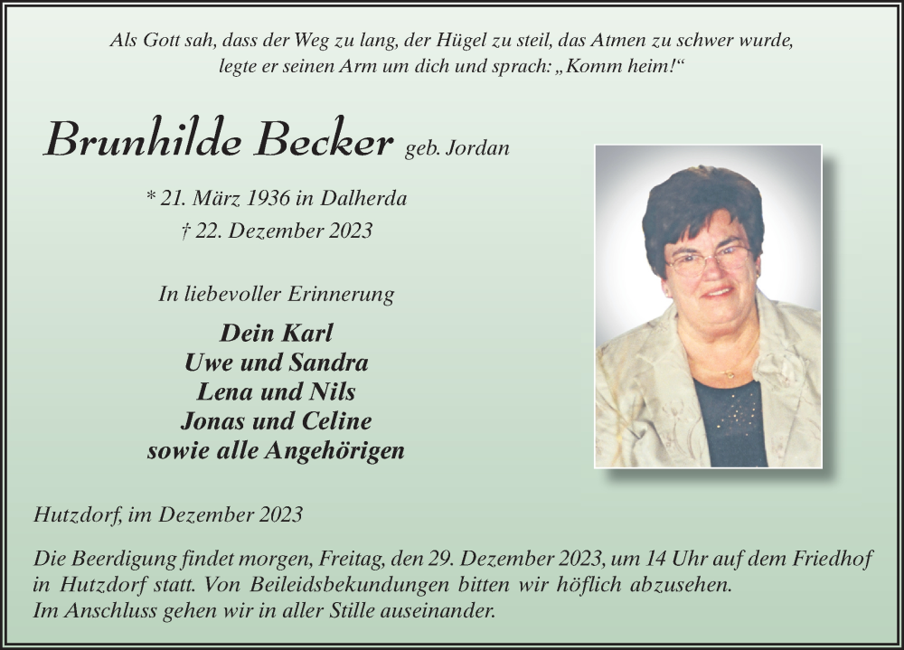  Traueranzeige für Brunhilde Becker vom 28.12.2023 aus FZ