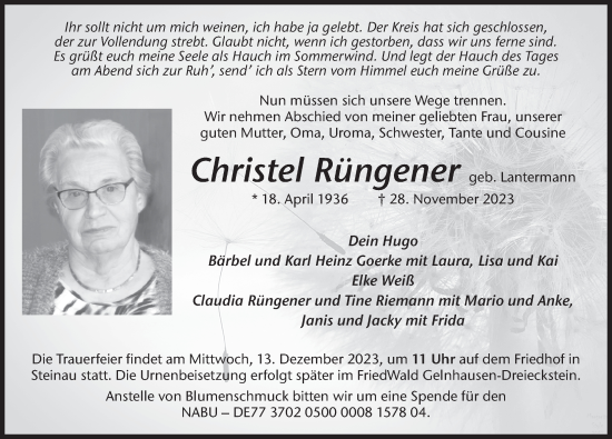 Traueranzeige von Christel Rüngener von FZ