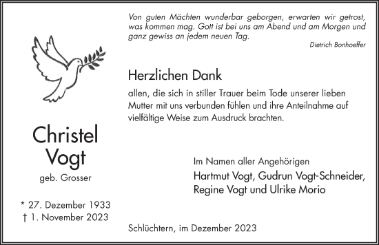 Traueranzeige von Christel Vogt von FZ