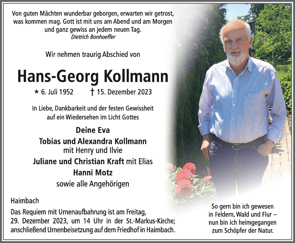  Traueranzeige für Hans-Georg Kollmann vom 23.12.2023 aus FZ
