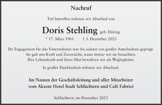 Traueranzeige von Doris Stehling von FZ