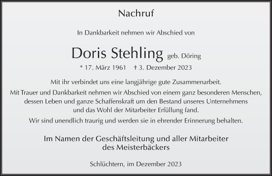 Traueranzeige von Doris Stehling von FZ