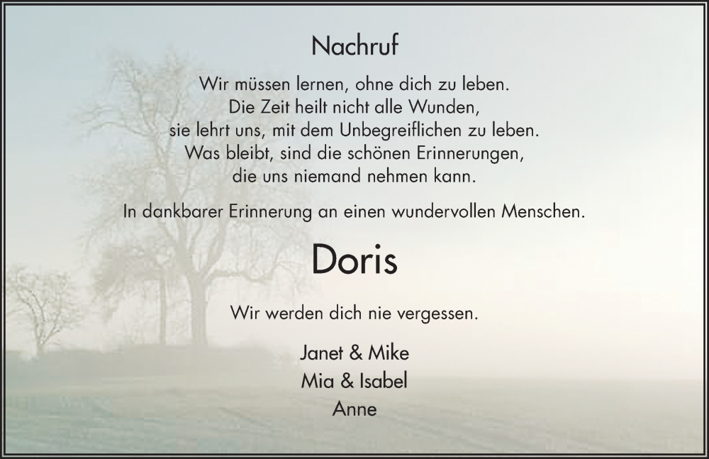  Traueranzeige für Doris Stehling vom 09.12.2023 aus FZ