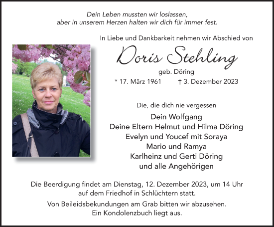 Traueranzeige von Doris Stehling von FZ