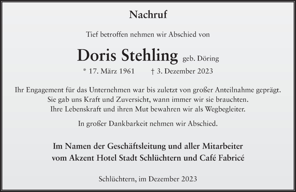  Traueranzeige für Doris Stehling vom 09.12.2023 aus FZ