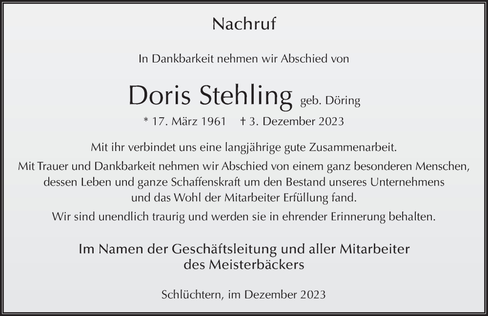  Traueranzeige für Doris Stehling vom 09.12.2023 aus FZ