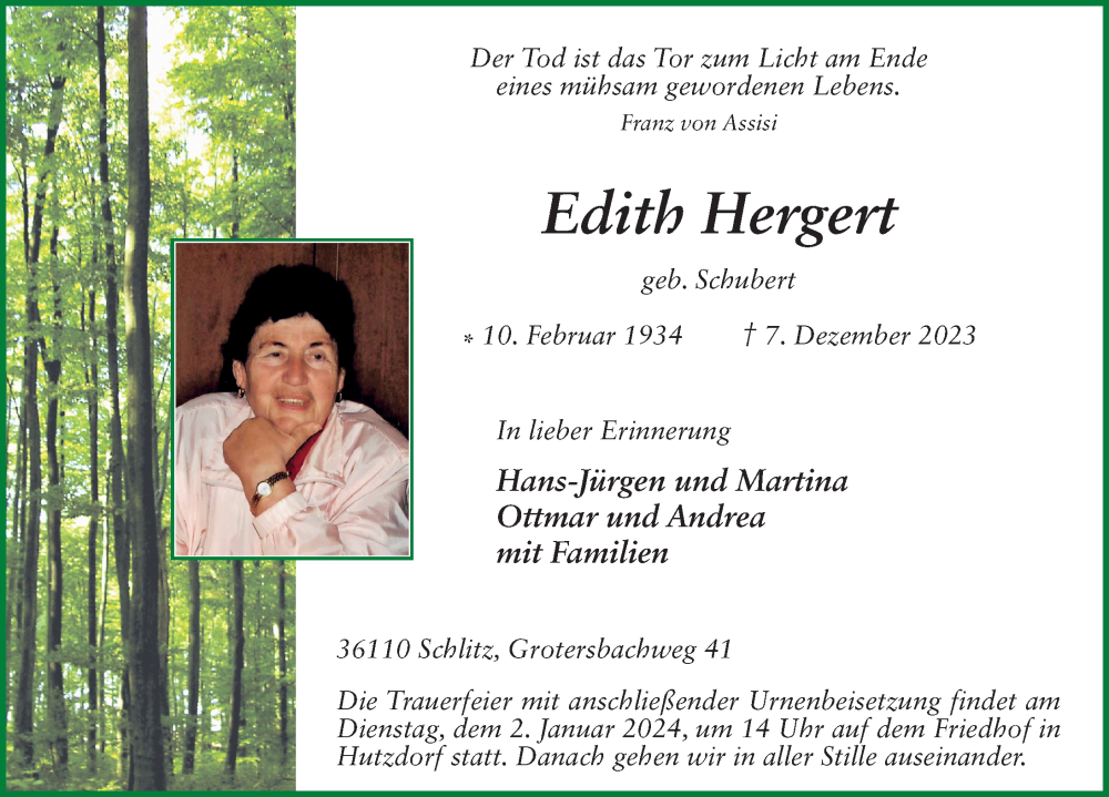  Traueranzeige für Edith Hergert vom 28.12.2023 aus FZ