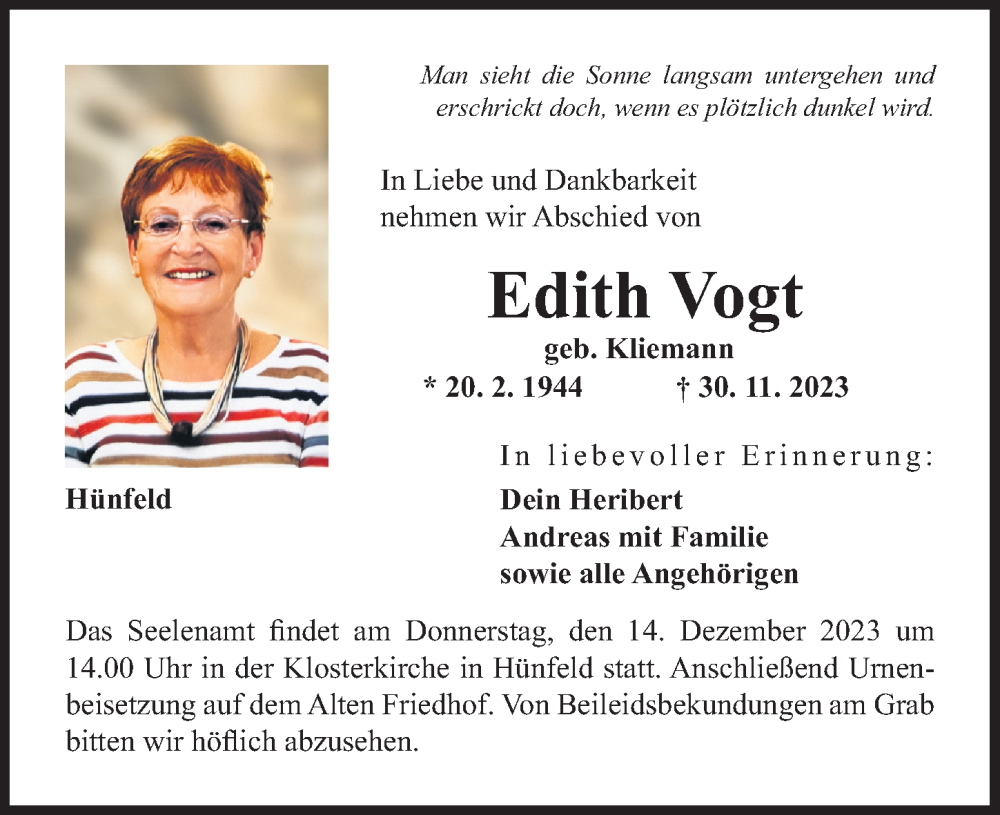  Traueranzeige für Edith Vogt vom 11.12.2023 aus FZ