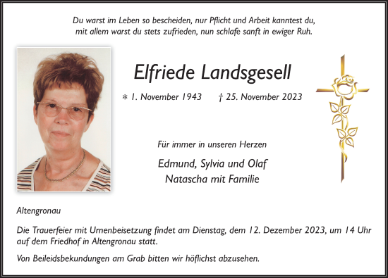 Traueranzeige von Elfriede Landsgesell von FZ