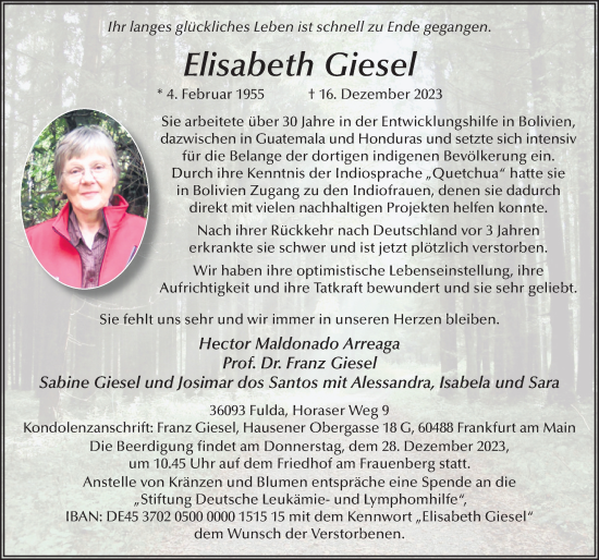 Traueranzeige von Elisabeth Giesel von FZ
