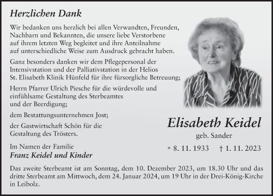 Traueranzeige von Elisabeth Keidel von FZ