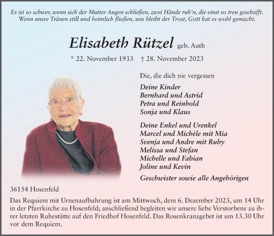 Traueranzeige von Elisabeth Rützel von FZ