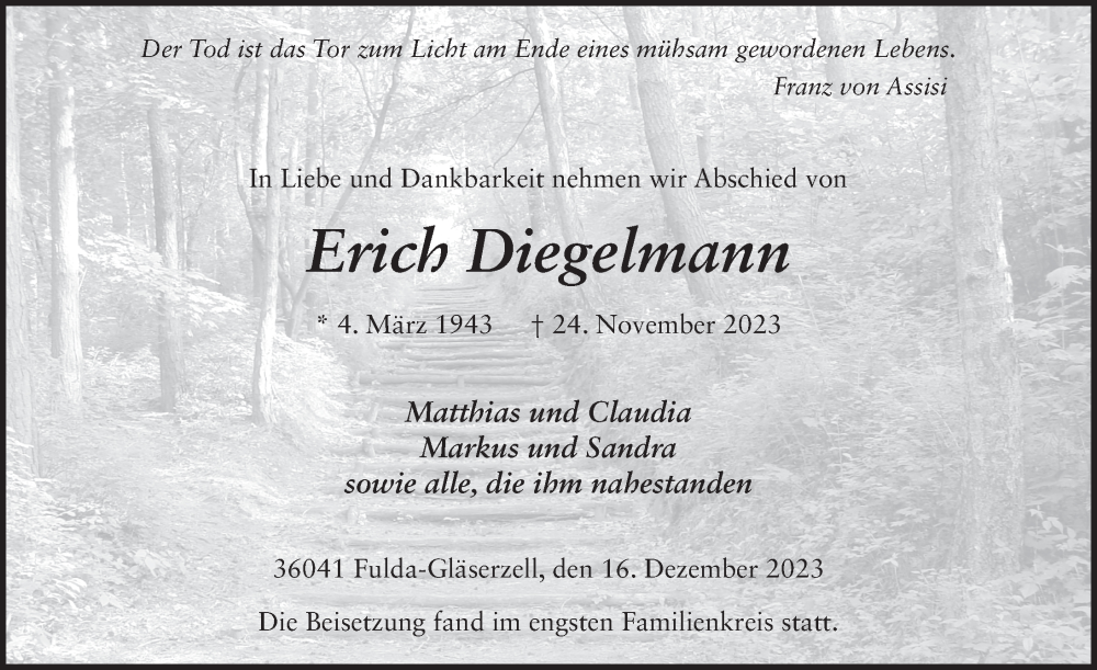  Traueranzeige für Erich Diegelmann vom 16.12.2023 aus FZ