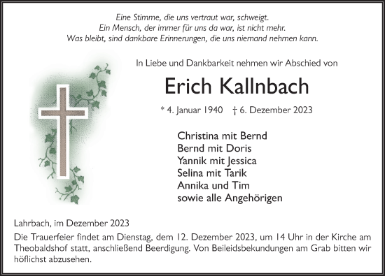 Traueranzeige von Erich Kallnbach von FZ