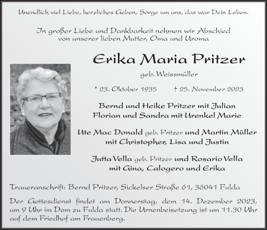Traueranzeige von Erika Maria Pritzer von FZ