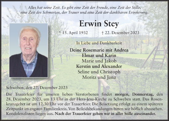 Traueranzeige von Erwin Stey von FZ