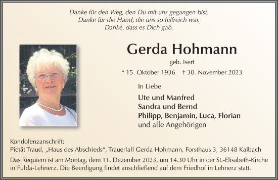 Traueranzeige von Gerda Hohmann von FZ