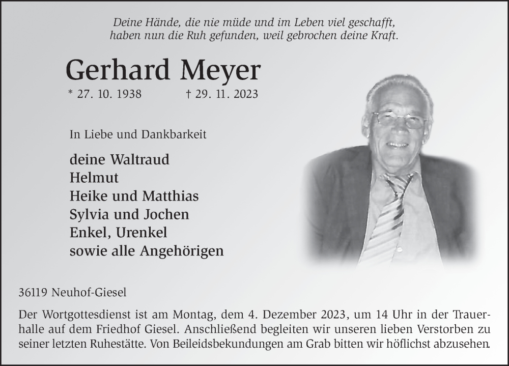  Traueranzeige für Gerhard Meyer vom 02.12.2023 aus FZ