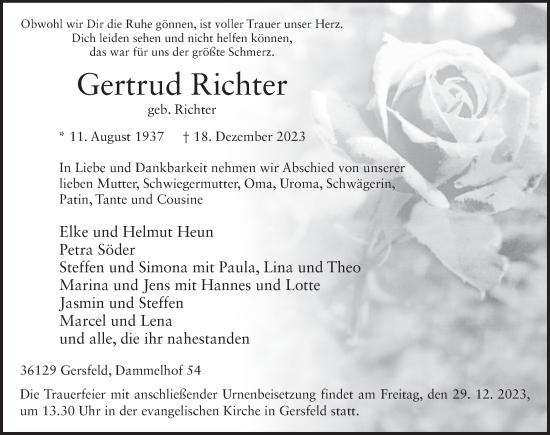 Traueranzeige von Gertrud Richter von FZ