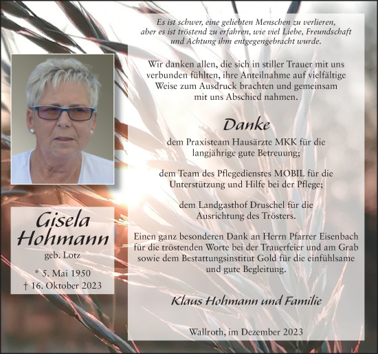 Traueranzeige von Gisela Hohmann von FZ