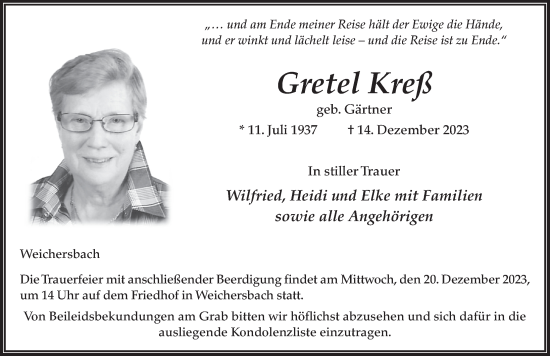 Traueranzeige von Gretel Kreß von FZ