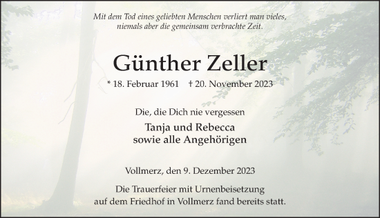 Traueranzeige von Günther Zeller von FZ