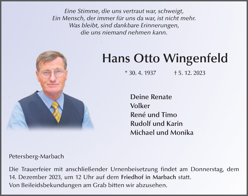  Traueranzeige für Hans Otto Wingenfeld vom 09.12.2023 aus FZ