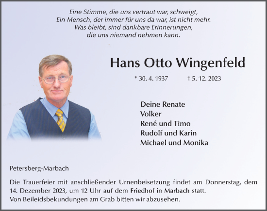 Traueranzeige von Hans Otto Wingenfeld von FZ