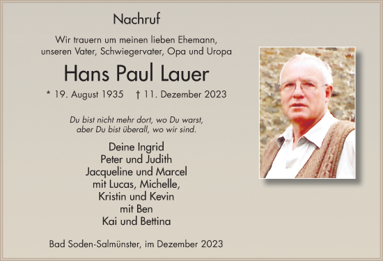 Traueranzeige von Hans Paul Lauer von FZ
