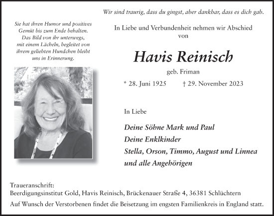Traueranzeige von Havis Reinisch von FZ