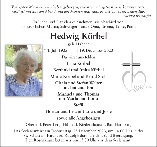 Traueranzeige von Hedwig Körbel von FZ