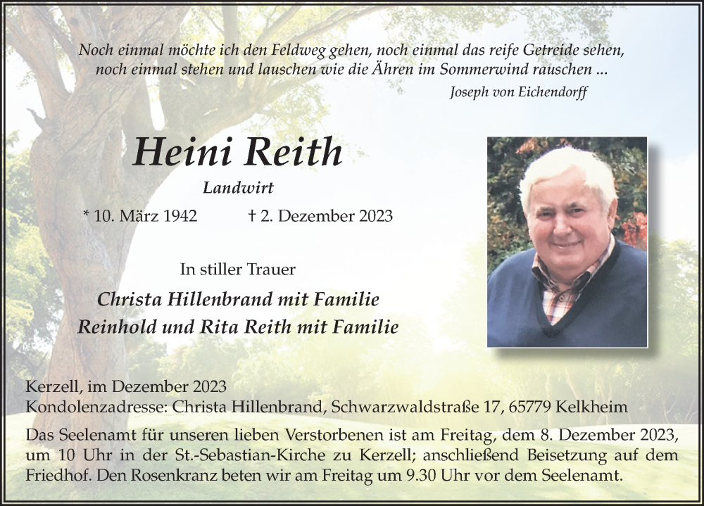  Traueranzeige für Heini Reith vom 06.12.2023 aus FZ