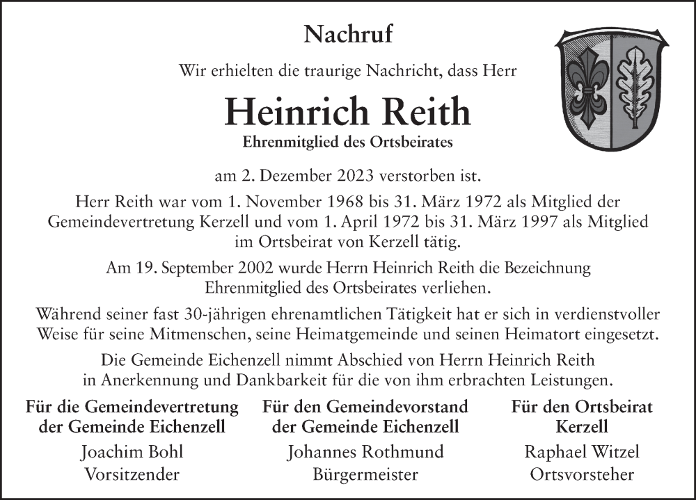 Traueranzeige für Heini Reith vom 06.12.2023 aus FZ