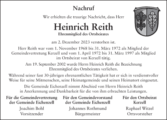 Traueranzeige von Heini Reith von FZ