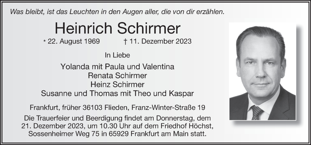  Traueranzeige für Heinrich Schirmer vom 15.12.2023 aus FZ