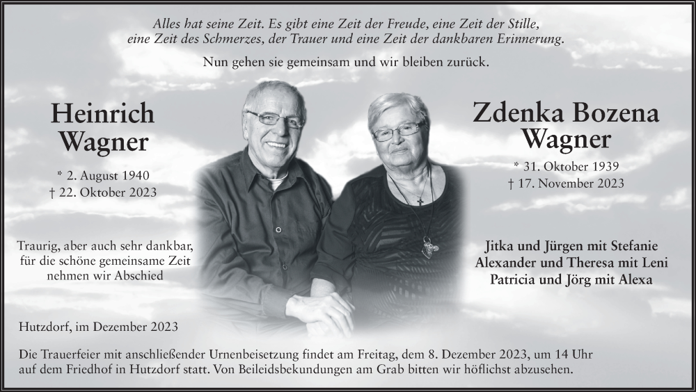  Traueranzeige für Heinrich Wagner Zdenka Wagner vom 05.12.2023 aus FZ