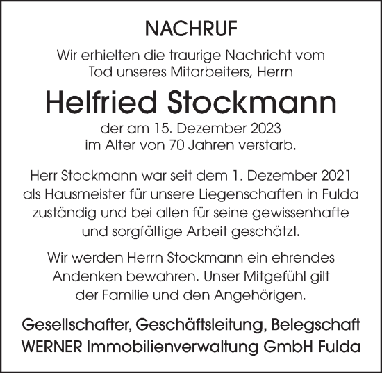 Traueranzeige von Helfried Stockmann von FZ