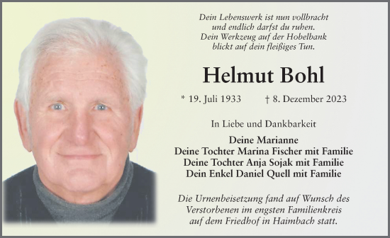Traueranzeige von Helmut Bohl von FZ
