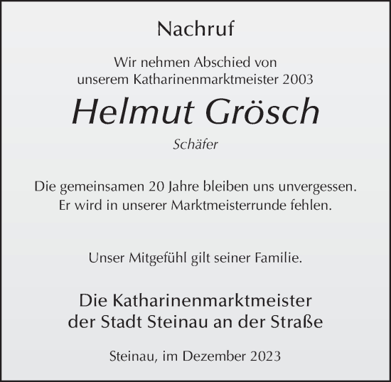 Traueranzeige von Helmut Grösch von FZ