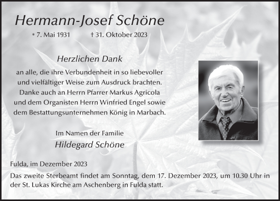 Traueranzeige von Hermann-Josef Schöne von FZ