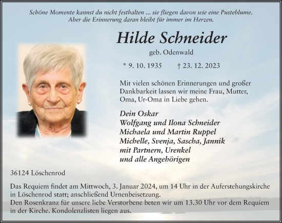 Traueranzeige von Hilde Schneider von FZ