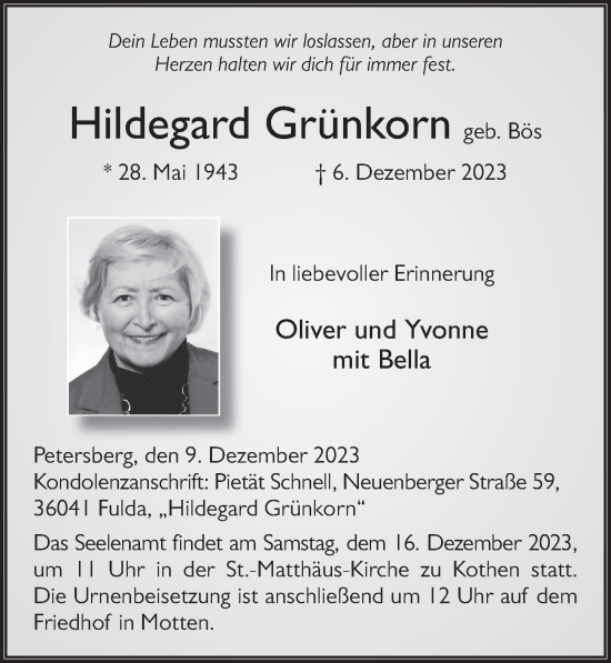 Traueranzeige von Hildegard Grünkorn von FZ