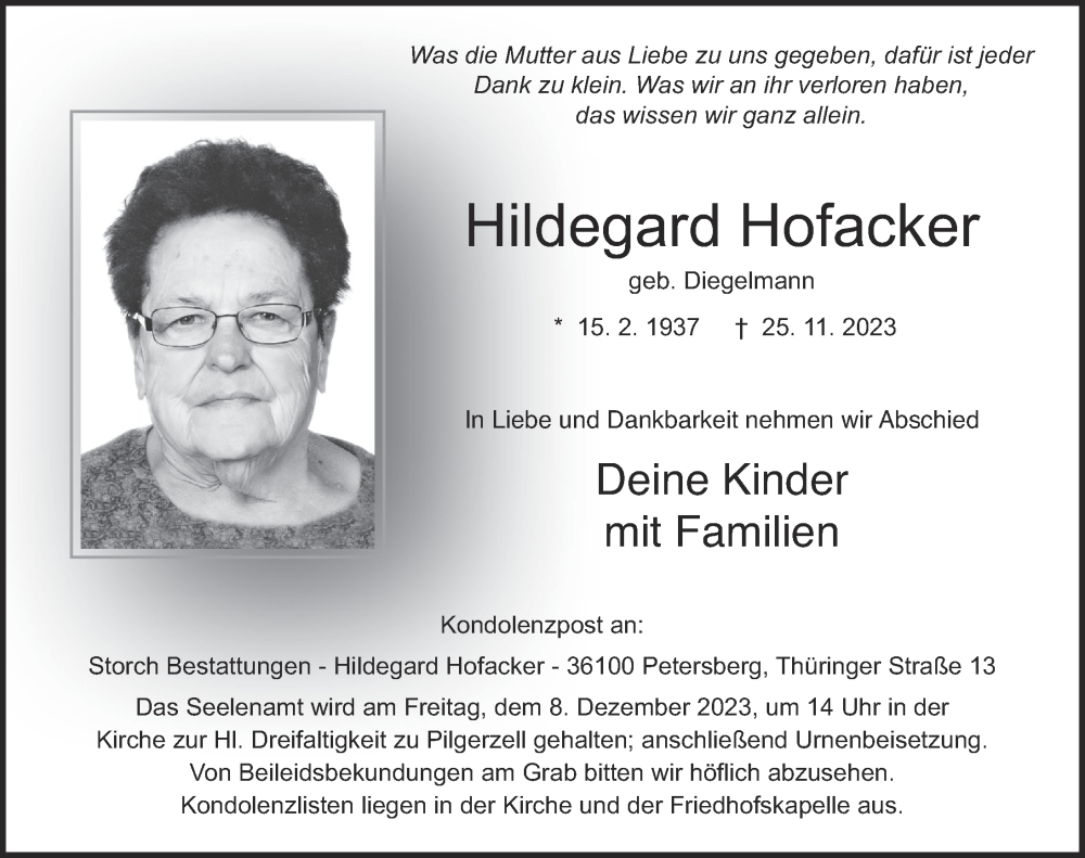  Traueranzeige für Hildegard Hofacker vom 04.12.2023 aus FZ