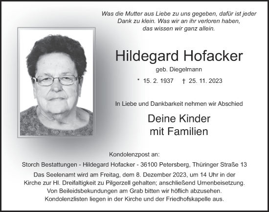 Traueranzeige von Hildegard Hofacker von FZ