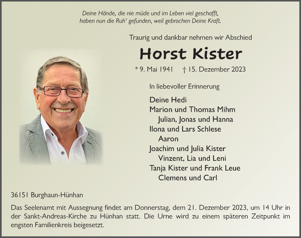  Traueranzeige für Horst Kister vom 19.12.2023 aus FZ