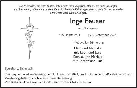 Traueranzeige von Inge Feuser von FZ