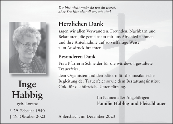 Traueranzeige von Inge Habbig von FZ