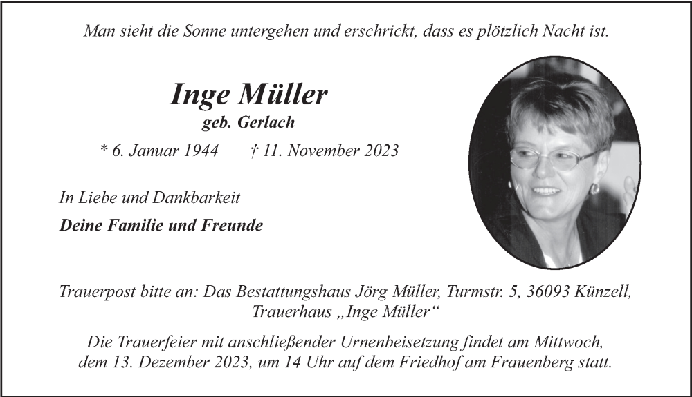  Traueranzeige für Inge Müller vom 09.12.2023 aus FZ